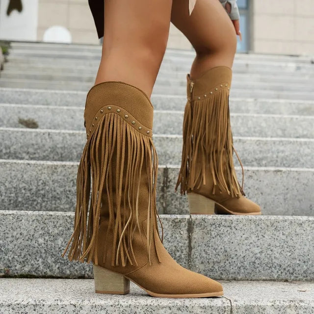 Women's Elegant Cowboy Boots – Fringe Slip-On Western Style