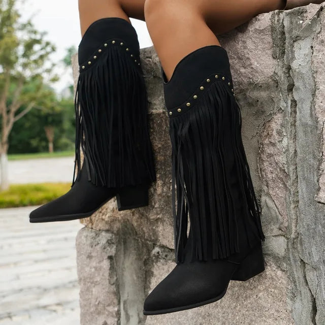 Women's Elegant Cowboy Boots – Fringe Slip-On Western Style