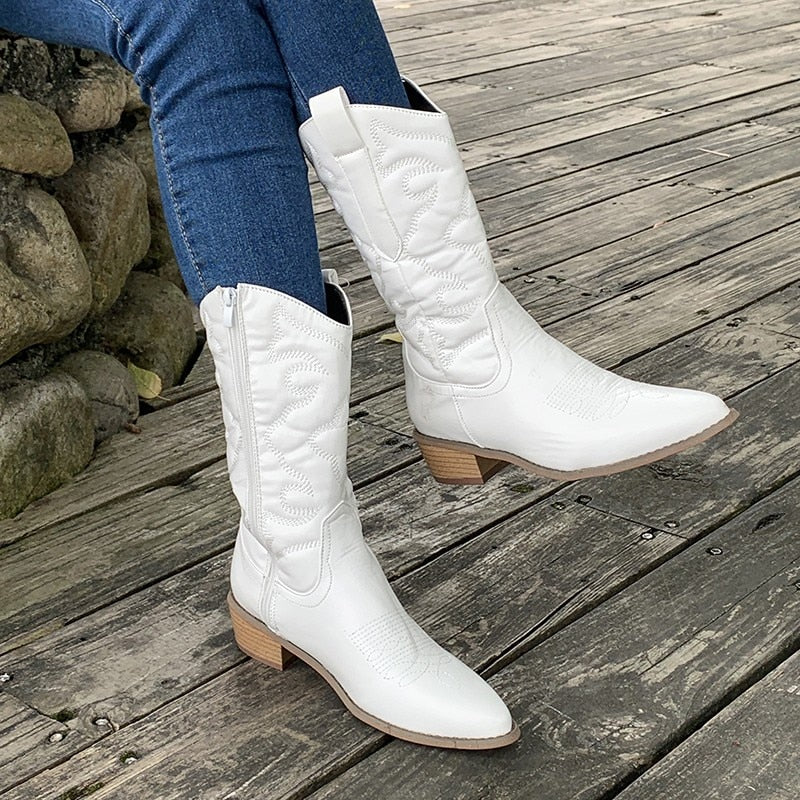 Women's Calf-Length Cowboy Boots – Zipper Western Metallic Style